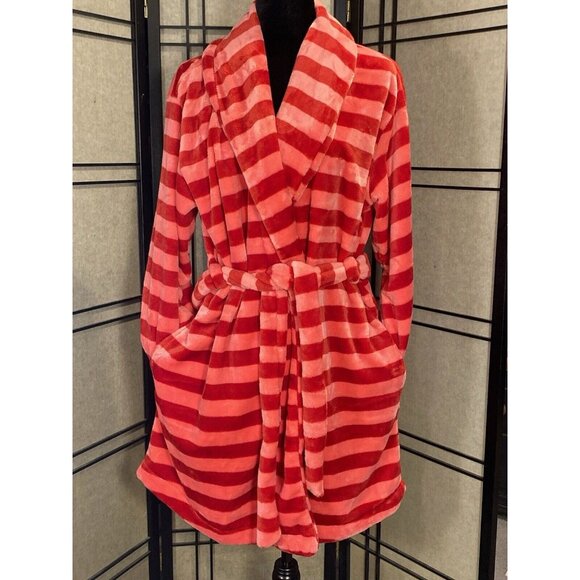 Kate Spade Ultra Fleece Mid Length Plush Women M Robe Red Pink Stripe Very Warm